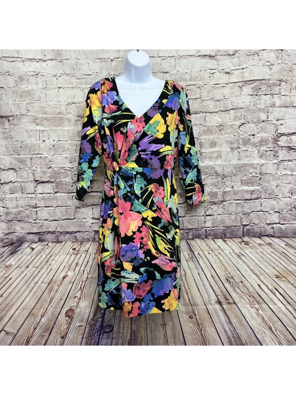NYDJ Multicolor Floral V Neck Faux Wrap 3/4 Sleeve Dress